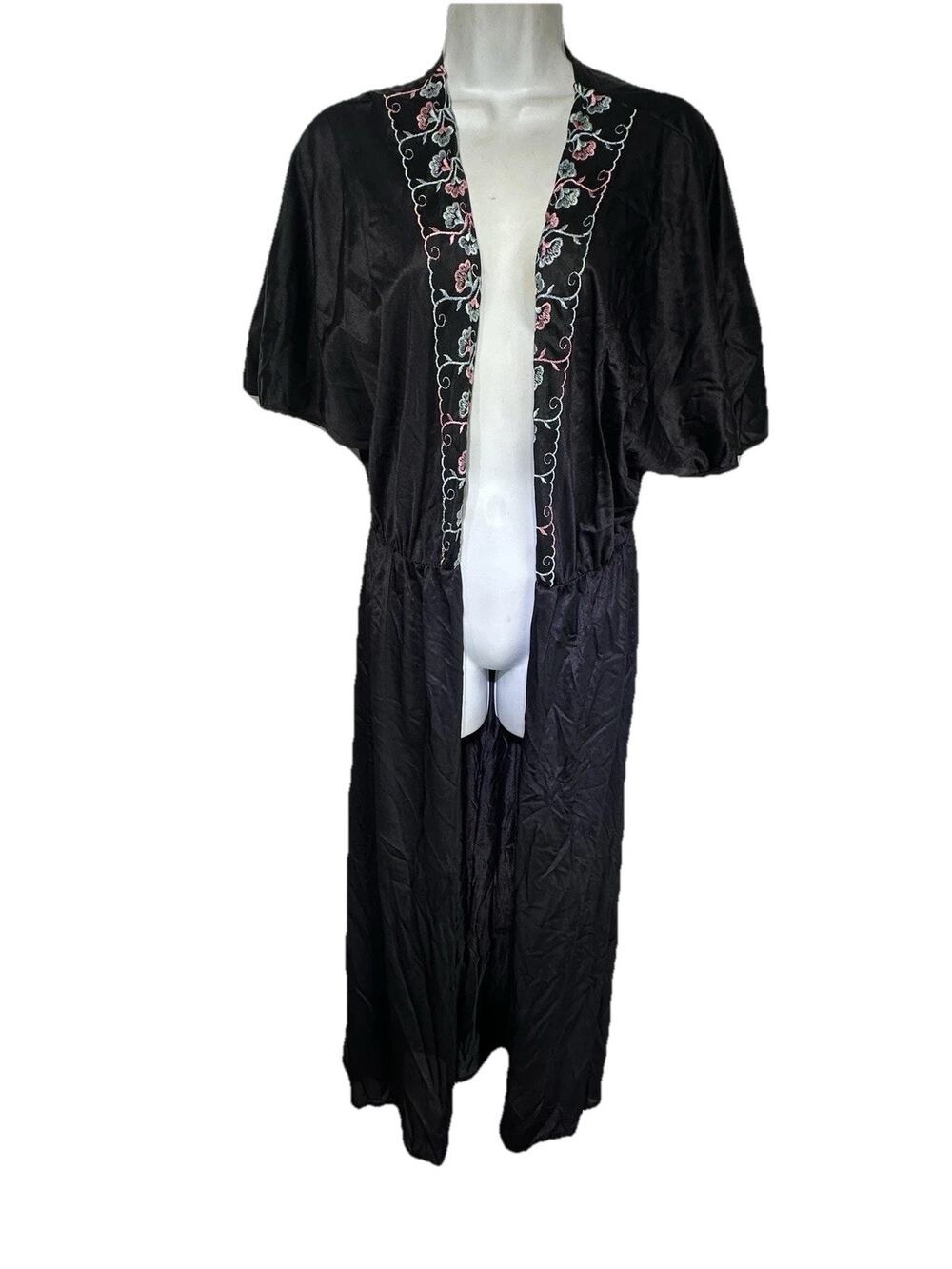 vintage Alan R. floral embroidered nylon Tie Front robe Size XL